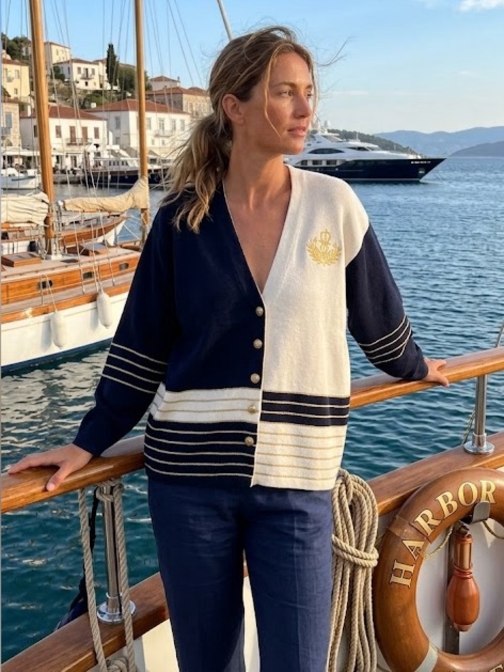 Casual Corner Womens Nautical Button Front Cardigan Sweater Large Blue Cream
